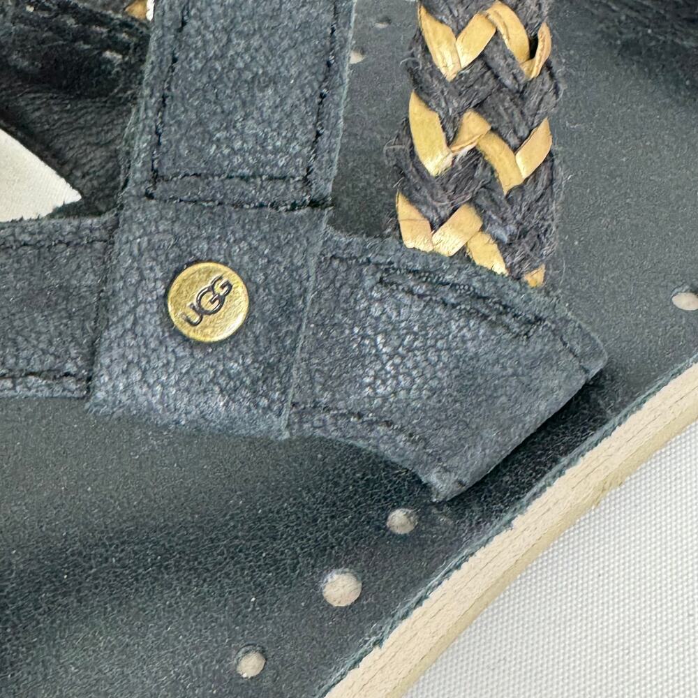Ugg Black Leather Elin Sandals Buckle Flats Braided Gold Accents Women Sz 7M‎ US - Picture 9 of 12